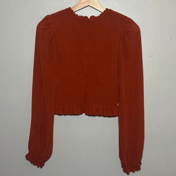 Women's Size M Wilfred Aritzia Tempest Blouse Orange Smocked Long Sleeve Chiffon - Picture 5 of 7
